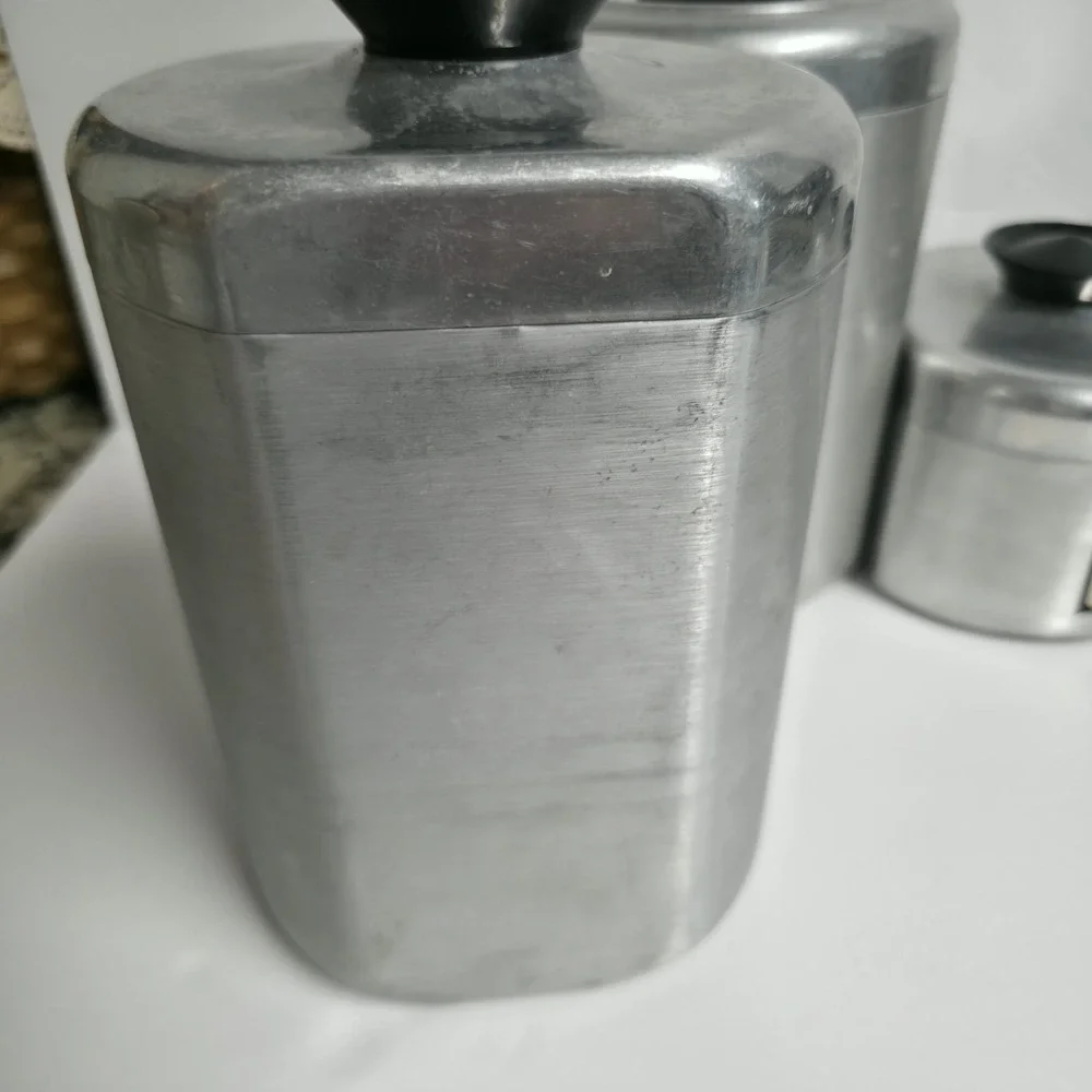 Vintage Kromex Aluminum Canister Set 4pc Flour Sugar Coffee Tea 1950s MCM Retro
